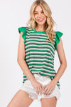 Ces Femme Striped Round Neck Ruffled Cap Sleeve Top