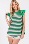 Ces Femme Striped Round Neck Ruffled Cap Sleeve Top