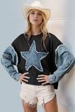 Double Take Raw Edge Star Contrast Sweatshirt