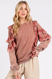 Mittoshop Ruffled Mineral Washed Round Neck Long Sleeve Sweatshirt