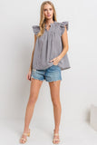 Ces Femme Plaid Notched Ruffled Cap Sleeve Blouse