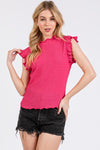 Ces Femme Texture Mock Neck Ruffle Cap Sleeve Blouse