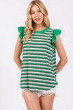 Ces Femme Striped Round Neck Ruffled Cap Sleeve Top