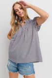 Ces Femme Plaid Notched Ruffled Cap Sleeve Blouse