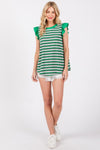 Ces Femme Striped Round Neck Ruffled Cap Sleeve Top