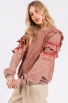 Mittoshop Ruffled Mineral Washed Round Neck Long Sleeve Sweatshirt