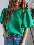 Texture Round Neck Puff Sleeve Blouse