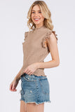 Ces Femme Texture Mock Neck Ruffle Cap Sleeve Blouse