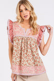 Mittoshop Floral Notched Ruffled Cap Sleeve Blouse