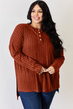 Basic Bae Full Size Ribbed Half Button Long Sleeve High-Low T-Shirt