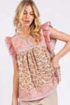 Mittoshop Floral Notched Ruffled Cap Sleeve Blouse