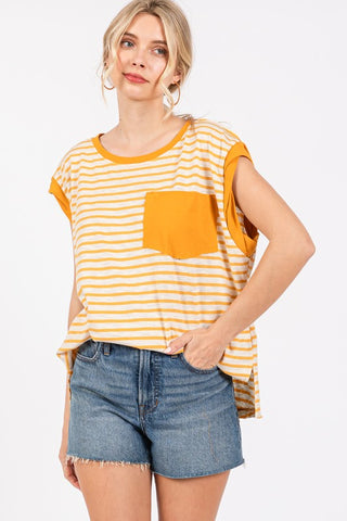 Ces Femme Side Slit Striped Cap Sleeve T-Shirt