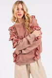 Mittoshop Ruffled Mineral Washed Round Neck Long Sleeve Sweatshirt