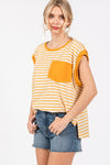 Ces Femme Side Slit Striped Cap Sleeve T-Shirt