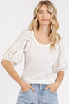 Mittoshop Mixed Media Textured Knit Popcorn Puff Sleeve Blouse