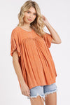 Mittoshop Mineral Washed Round Neck Ruffle Sleeve Blouse