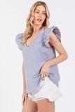 Ces Femme Striped V-Neck Ruffled Cap Sleeve Blouse