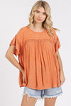 Mittoshop Mineral Washed Round Neck Ruffle Sleeve Blouse